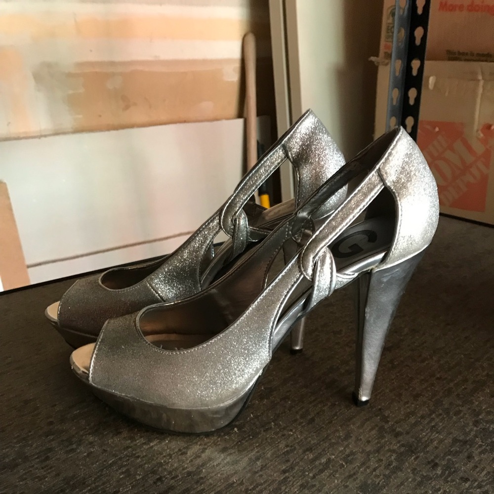 G by Guess Peep Toed Heels, Silver Glitter